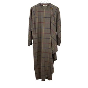 Vintage Nieman Marcus Brown Plaid Wool Blend Draped Wrap Coat Dress One Size - Picture 1 of 11