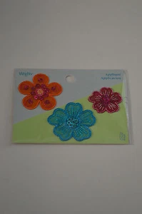 Applique- Iron On - 3 Flowers= Orange, Turquoise, Magenta, all with Sequins - Picture 1 of 2