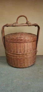 Vintage orientalischer Hochzeitskorb ~ 2 Ebenen stapelbar ~ geflochtenes Weidengeflecht und Bambus 15" x 12 - Bild 1 von 8