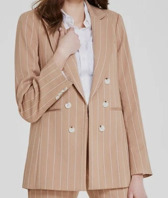 Abrigo Chaqueta Blazer Tahari ASL Para Mujer Beige Rayas Pico Solapa Talla 18 Foto 1 de 2