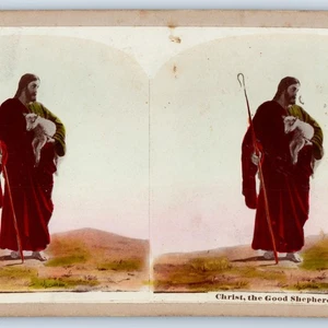 um 1880 Christus Guter Hirte Lamm Stab Stereoview Jesus Heilige Geschichte getönt - Bild 1 von 3