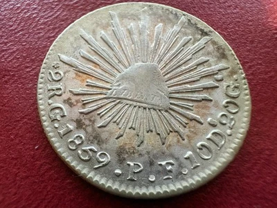 1859 Go Mexico 2 Reales Silver KM 374.8 – Guanajuato Mint (AU / MS Original) - Image 1 of 4