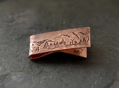 Copper money clip with a forest mountains scene with deer - handmade - Image 1 of 4