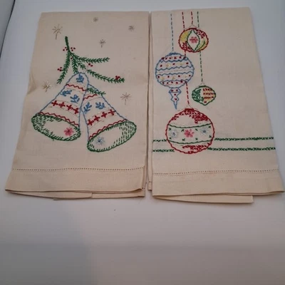 Vtg Hand Embroidered Christmas Bell Ornaments Linen Tea Finger Towel - Image 1 of 4