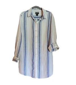 JNY Túnica Abotonada Lino Lagenlook Minimalista Informal Azul Rayas Top Mujer Talla L - Imagen 1 de 9