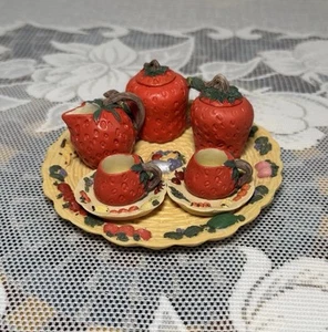 VTG Miniature 10 Piece Strawberry Themed Tea Party Set Doll House Fairy Garden - Picture 1 of 14