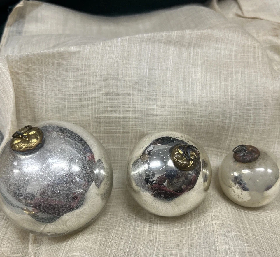 3 Antique Silver Kugel Ornaments Mercury Glass  Brass Cap Antique Finish - Image 1 of 4