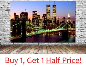 TWIN TOWERS BROOKLYN BRIDGE - NEW YORK CANVAS PICTURE WALL ART PRINT - FRAMED - Picture 1 of 7