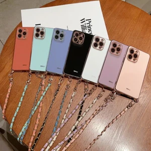 For iPhone 16e 16 15 14 Pro Max 13 12 11 X 8 Neck Lanyard Plating TPU Case Cover - Picture 1 of 19
