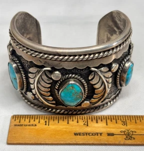 Massive 213 Grams Vtg. Native American TURQUOISE STERLING BRACELET - Signed FR - Picture 1 of 15