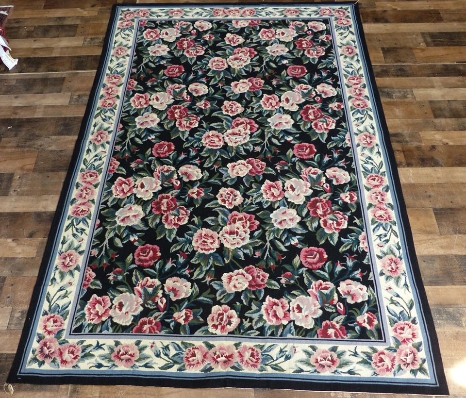 5'x8' Black Stunning Chic French Floral hand knotted wool Needlepoint rug - Image 1 of 1