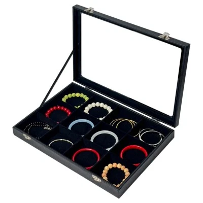 Black Velvet 12 Grid Bracelet Organizer with Clear Lid Bracelet Earring Storage - Image 1 of 4