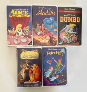 Disney VHS Lot of 5 Videos Dumbo Aladdin Peter Pan Lady Tramp Alice Wonderland - Picture 1 of 10