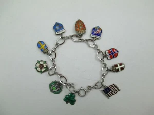 Vintage Sterling Silver Silver International Enamel Charm Bracelet 7" 116F - Picture 1 of 12