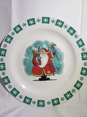 Green & White Christmas Plate Santa Snowflakes Candy Cane 10.5 inches Stoneware - Image 1 of 2