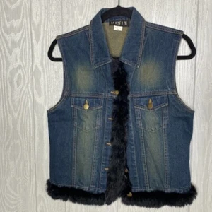Jean jacket vest with real rabbit fur lining size medium - Picture 1 of 5