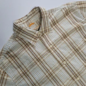 Timberland Brown Blue White Plaid Short Sleeve Button Up Casual Shirt Men's M - Picture 1 of 7