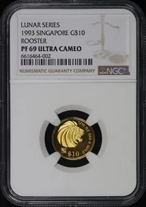 1993 Singapore G$10 Lunar Rooster 1/10 oz NGC PF-69 UC - Low Mintage, Top Pop! - Picture 1 of 2