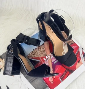 Sandalias de tacón grueso con correa en el tobillo y acento de cocodrilo con hito negras de bambú talla 7,5 - Imagen 1 de 9