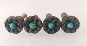 4 Vintage bronzefarben verzierte Knöpfe Schubladengriffe mit künstlichem Türkis Edelstein ca. 3/4" - Bild 1 von 6