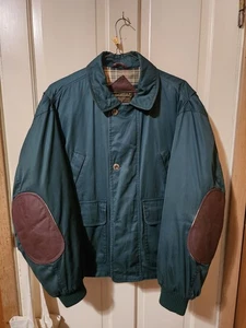 Eddie Bauer 80s Cotton Goose Down Jacket Zip Button Leather Elbow Vintage Large Grn - Bild 1 von 14