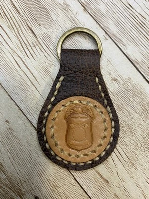 Handmade Leather Keychain Fob With Police Law Enforcement Logo Shield Badge - Image 1 of 3