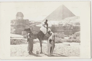 RPPC Egypt Camel Ride at the Great Pyramid & Sphinx, Giza Cairo B&W Postcard - Picture 1 of 2