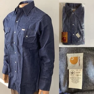 Camicia vintage anni 80 Carhartt Western denim scuro con perle a scatto tg. 15 1/2 35 come nuovo - Foto 1 di 15