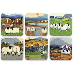 Sheep Drink Coasters Sets of 6 by Thomas Joseph Cork Backed Irish/Scottish - Picture 1 of 11