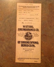 1938 Fogo mútuo apólice de seguro para St Paul's Cemitério Co naufragando Molas Pennsylvania