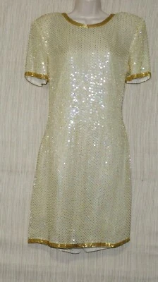 Vestido Gantos Right Vogue Vintage Seda Con Cuentas Hombro Grande Manga Corta Dorado Crema Foto 1 de 4