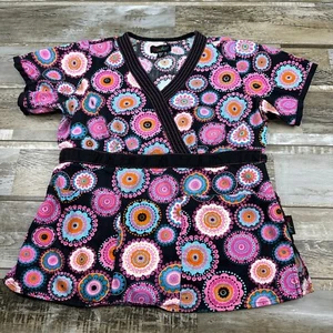 Women's S Peaches scrub top black pink mandala Nurse Medical - Picture 1 of 5