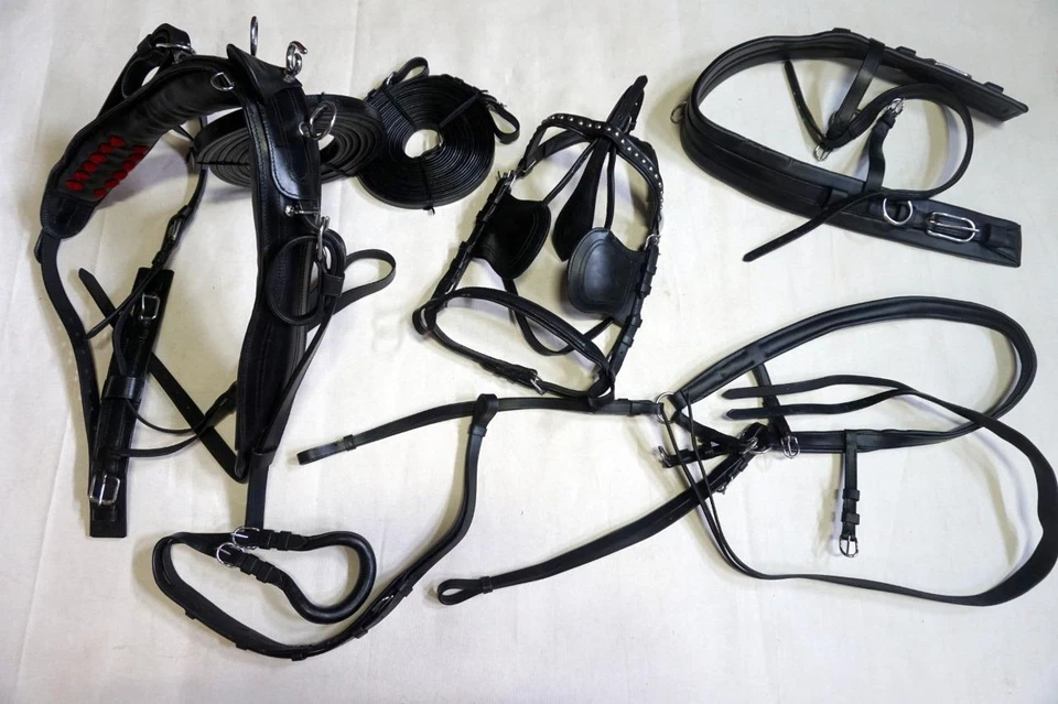 Leather Black-Complete Pkg Cart Driving Training Horse Harness +5" 1/2 Cheek Bit - Image 1 of 1