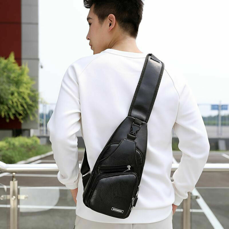 Discount Wholesale Men Leather Sling Bag Chest Shoulder Crossbody Backpack USB Charging Port Travel