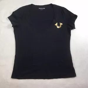 True Religion Gold Embellishment Buddha Logo Deep V-Neck T-Shirt Women’s XL - Picture 1 of 11