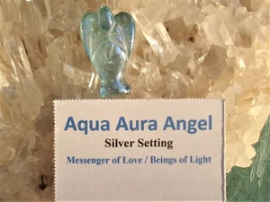 AQUA AURA Quartz ANGEL Silver Pendant-24K Gold Infused Quartz=Sky Blue Angel! - Picture 1 of 4