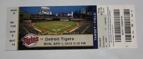 Minnesota Twins Ticket Stub | April 1 2013 | Aaron Hicks Debut Cover