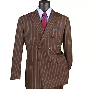 VINCI Men's Brown Pinstripe Double-Breasted 6-Button Classic Fit Suit - NEW - Picture 1 of 3