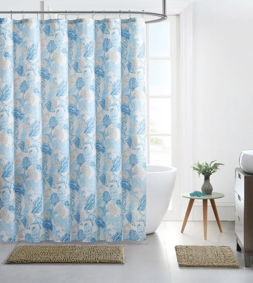Cortina de ducha de tela Ocean Shells Sea Life conchas tostadas estrellas de mar azul topo Foto 1 de 1