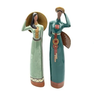 2 Vietnamese Young Lady Figures Figurines 11" Tall Slender Gom Viet Fine Art - Picture 1 of 9