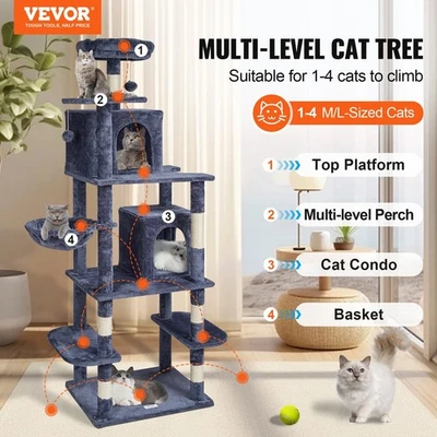 VEVOR Cat Tree Cat Tower With Cat Condos Sisal Scratching Post Dark Grey - Image 1 of 4