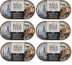 6 PACK Smoked Sprats in Oil х 190g RIGA GOLD LATVIA Шпроты в масле - Imagen 1 de 2