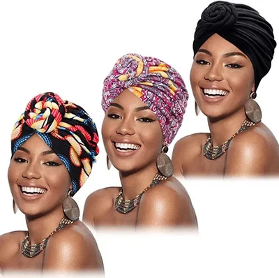 3 Pieces African Turban for Women Knot Pre-Tied Bonnet Beanie Cap Headwrap - Image 1 of 3