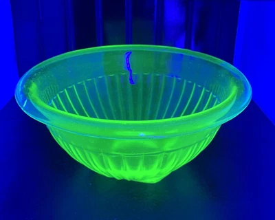 Uranium Green Depression Glass Ribbed Glass Mixing / Nesting Bowl Vintage GLOW - Image 1 of 4