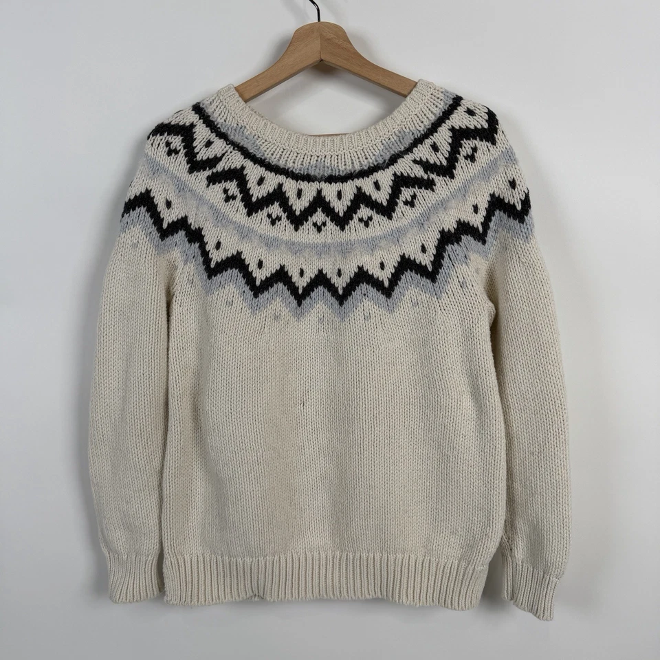 Ann Taylor LOFT  Fair Isle Sweater Large Cream Blue Crew Neck Pullover Outdoors - Image 1 of 4