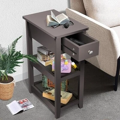 3-Tier Brown Wood End Table with Drawer & Shelves for Living Room Bedroom Office - Image 1 of 4