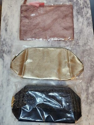 LOT OF 3 Tarte Makeup Bags, New In Plastic, Pink Sequins, Gold Glitter & Black - Imagem 1 de 4