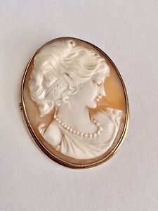 Vintage CARVED SHELL CAMEO BEAUTIFUL WOMAN’S PROFILE 800 SILVER 12.4g Pin Brooch