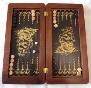 Wooden Backgammon game board dice chips handcrafted Ship Boat Ukrainian Nardy - Picture 1 of 6