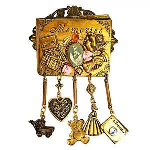 Memories Book Brooch OOAK Antiqued Brass Charms VTG Cameo Ceramic Mini Roses - Picture 1 of 3